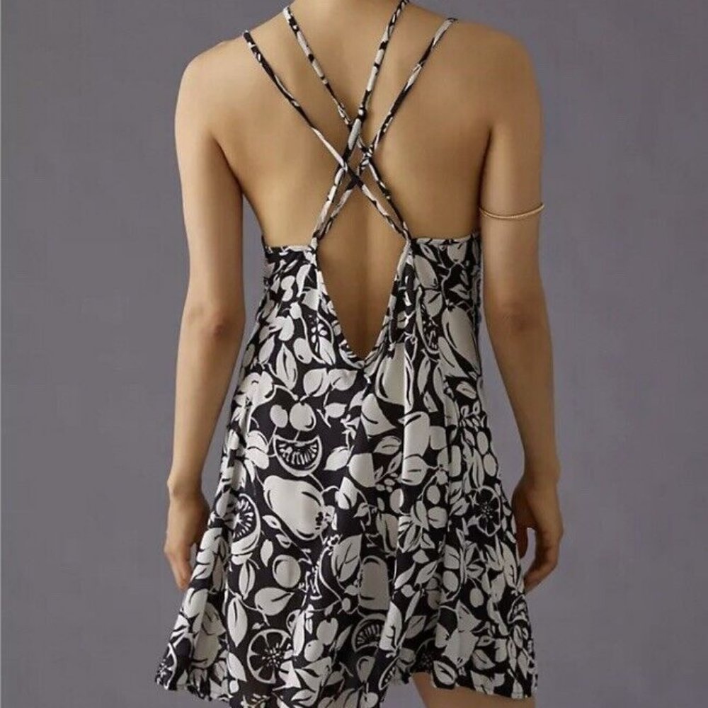 Anthropologie Sheer Mini Dress Fruit Print Sundress B&W Beach Cover-Up Size M